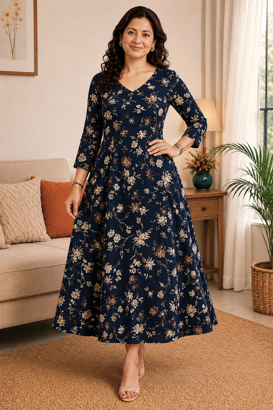 Navy Blossom Georgette Dress with Pockets