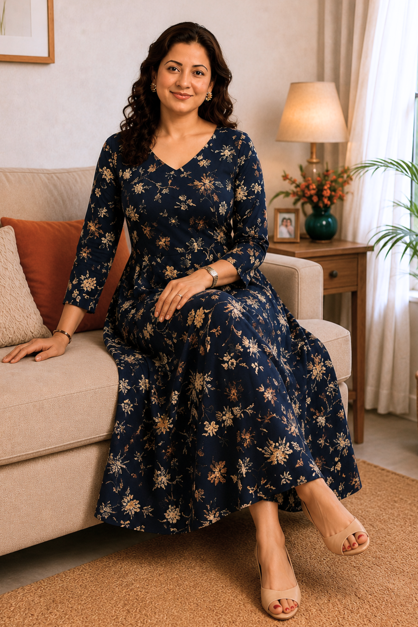 Navy Blossom Georgette Dress with Pockets