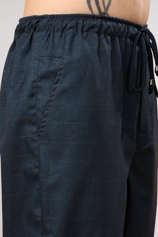 Navy Blue Checked Stretch Cargo - 4 Pocket