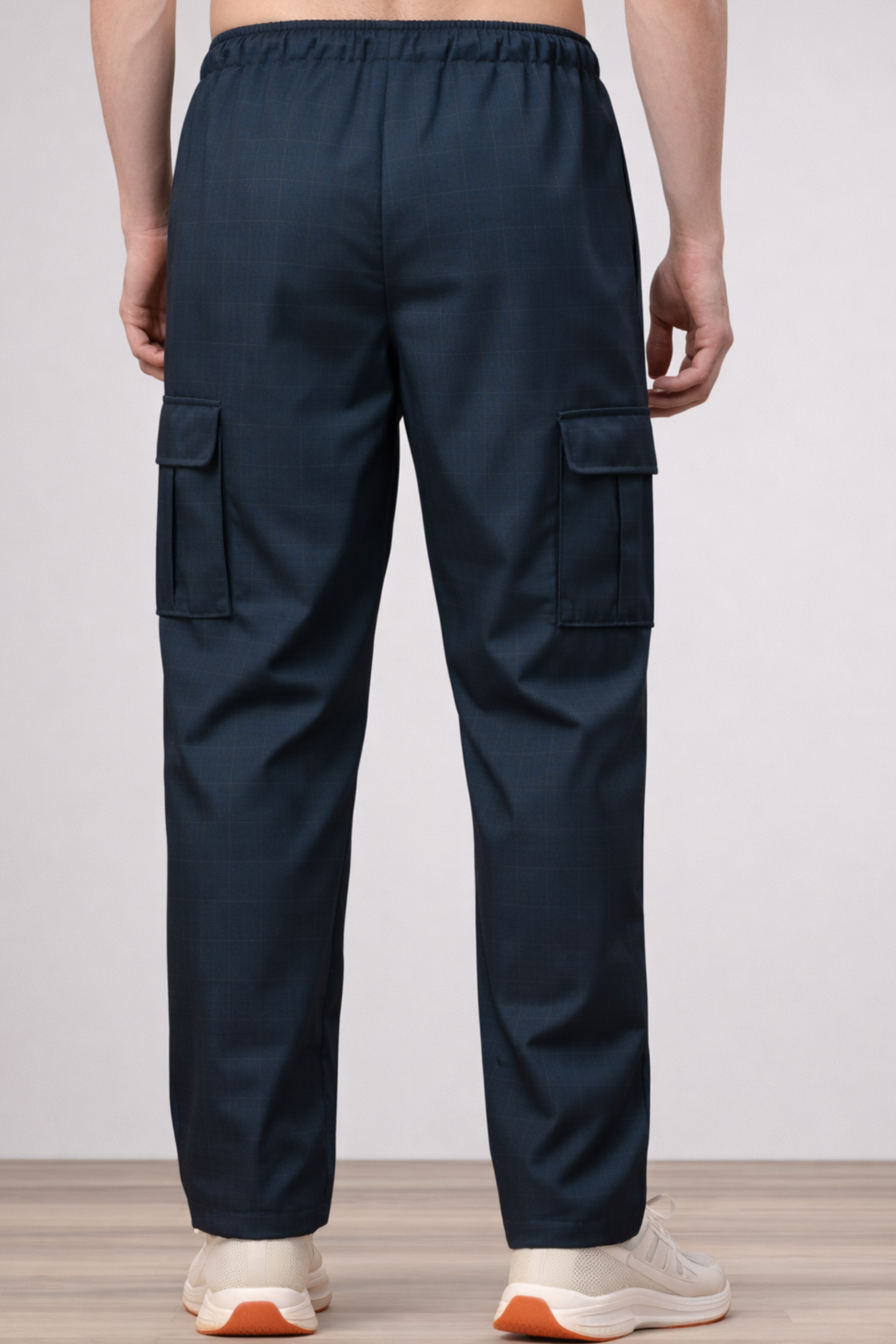 Navy Blue Checked Stretch Cargo - 4 Pocket