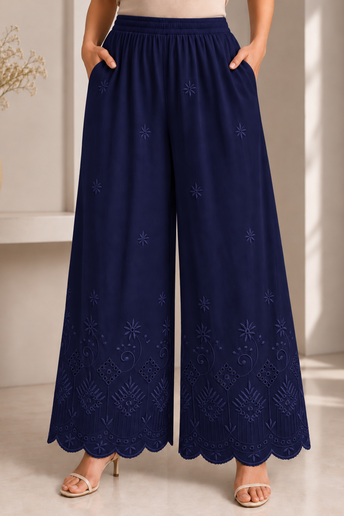 Navy Blue Chikankari Flared Palazzo Pant