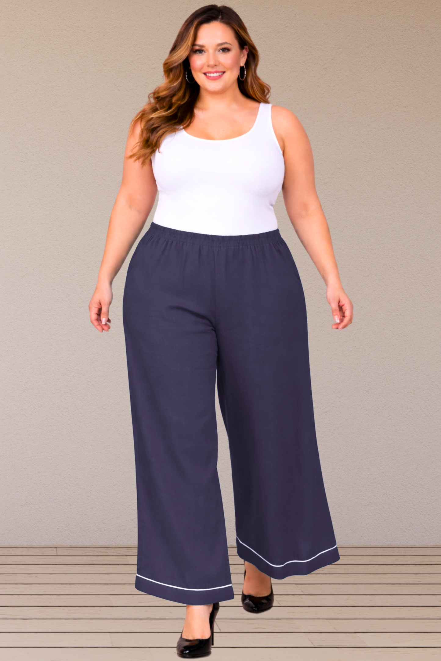 Navy Blue Detailed Hemline Rayon Palazzo