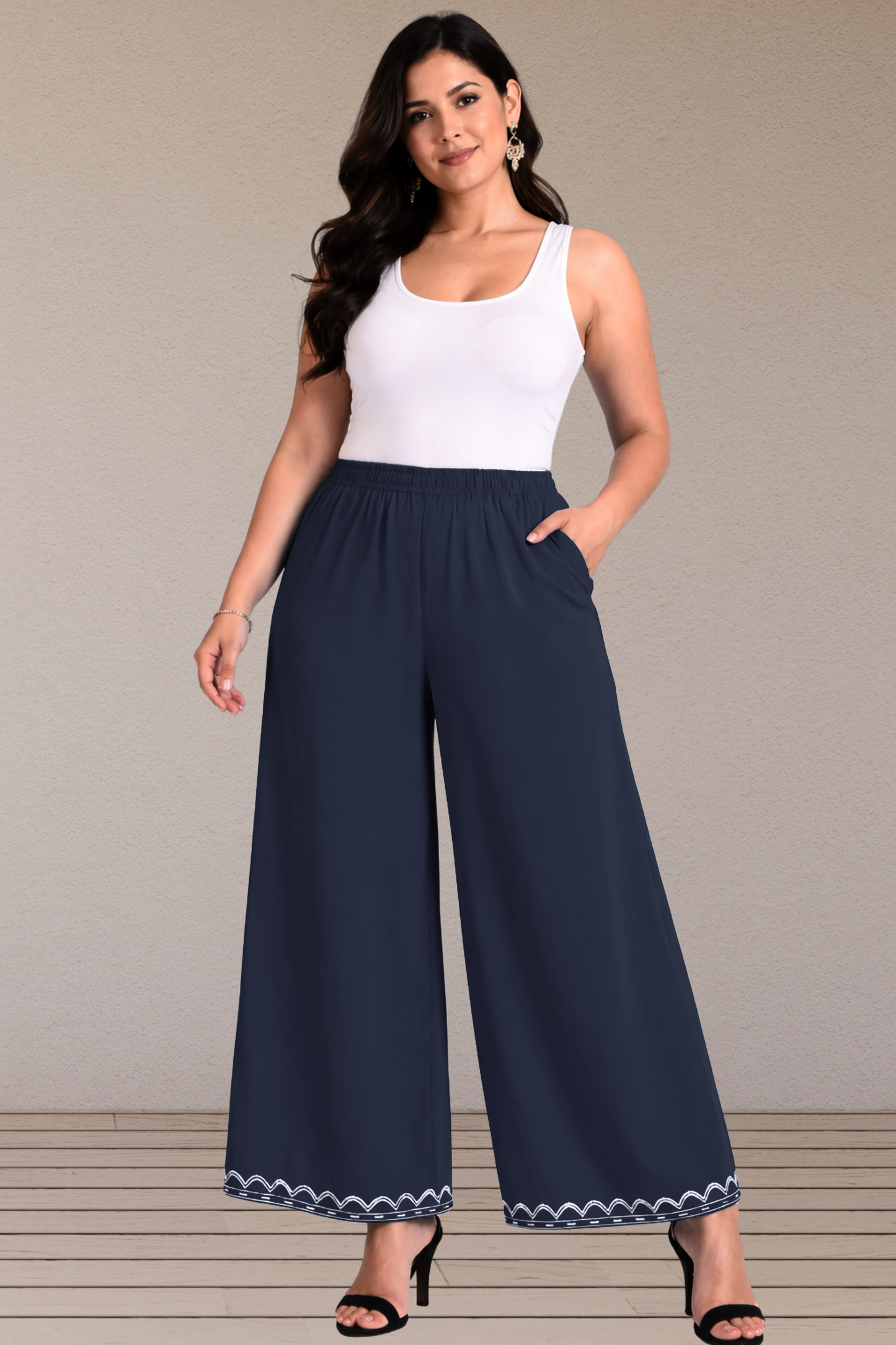 Navy Blue Embroidered Rayon Palazzo
