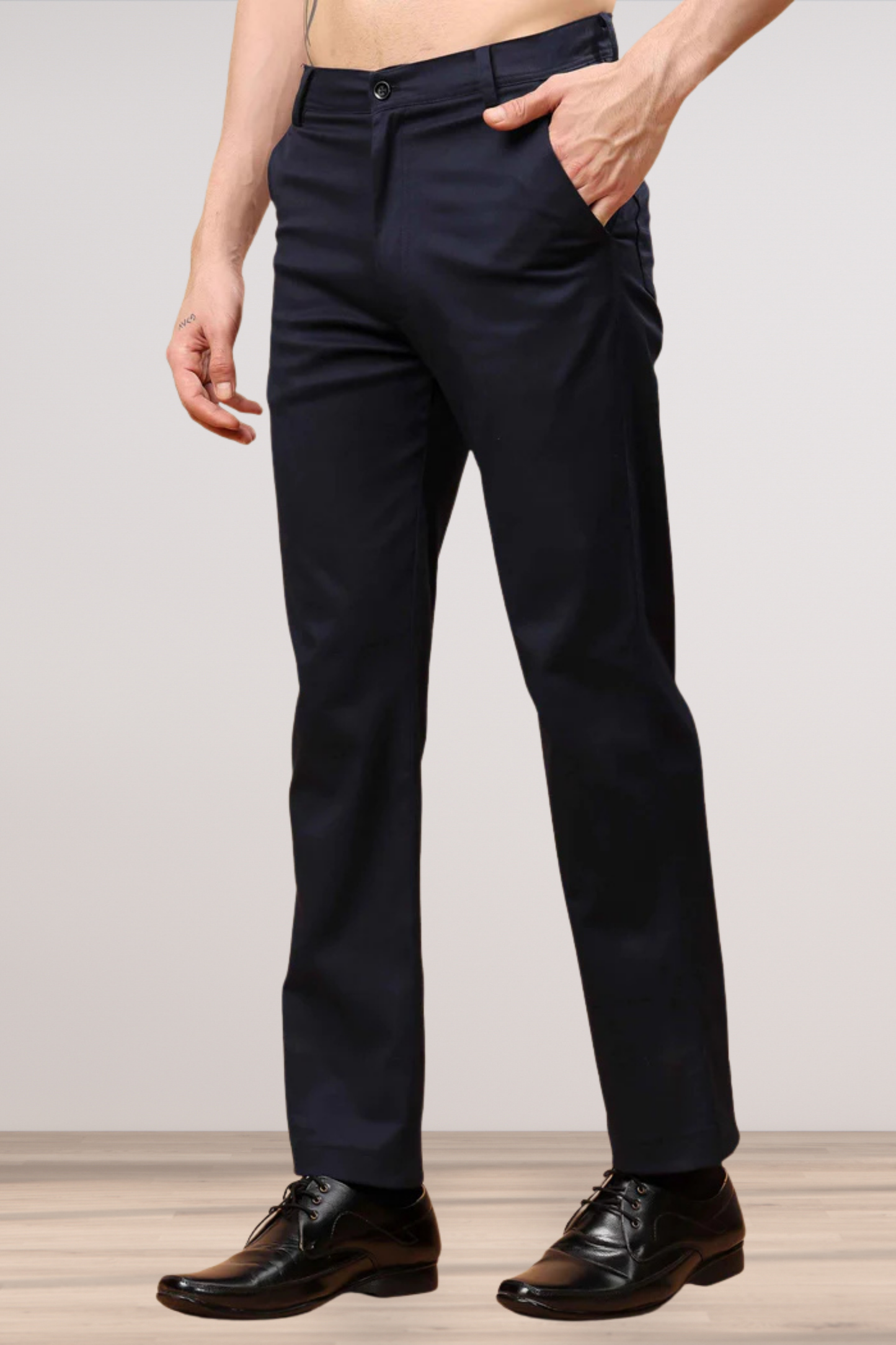 Navy Blue Textured Stretch Trousers