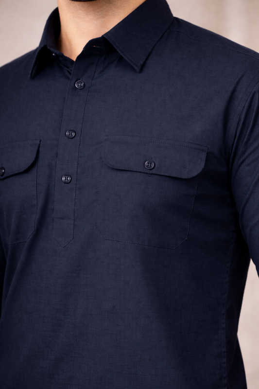 Midnight Navy Cotton Pathani Suit