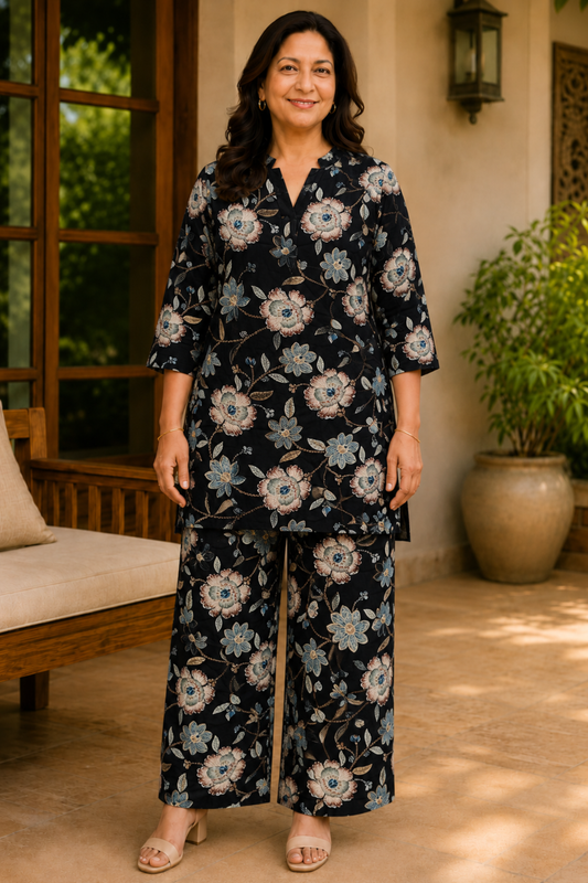 Noir Botanica Floral Rayon Co-ord Set