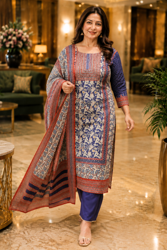 Noori Navy Crepe Suit With Mirror Work