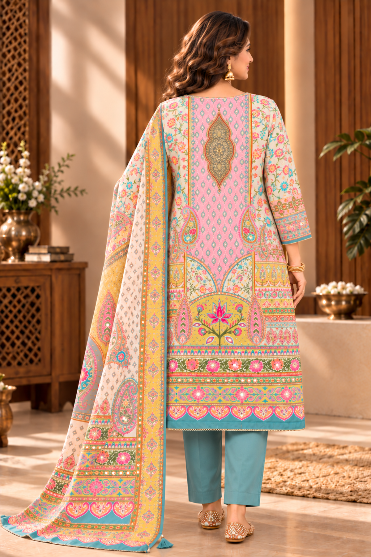 Farheen Karachi Muslin Suit With Mirror Work