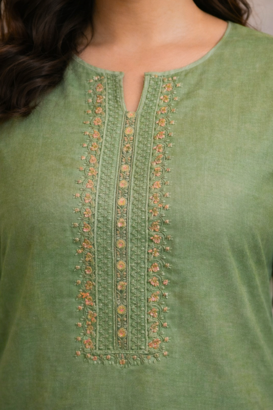 Olive Floral Muslin Suit with Thread Work