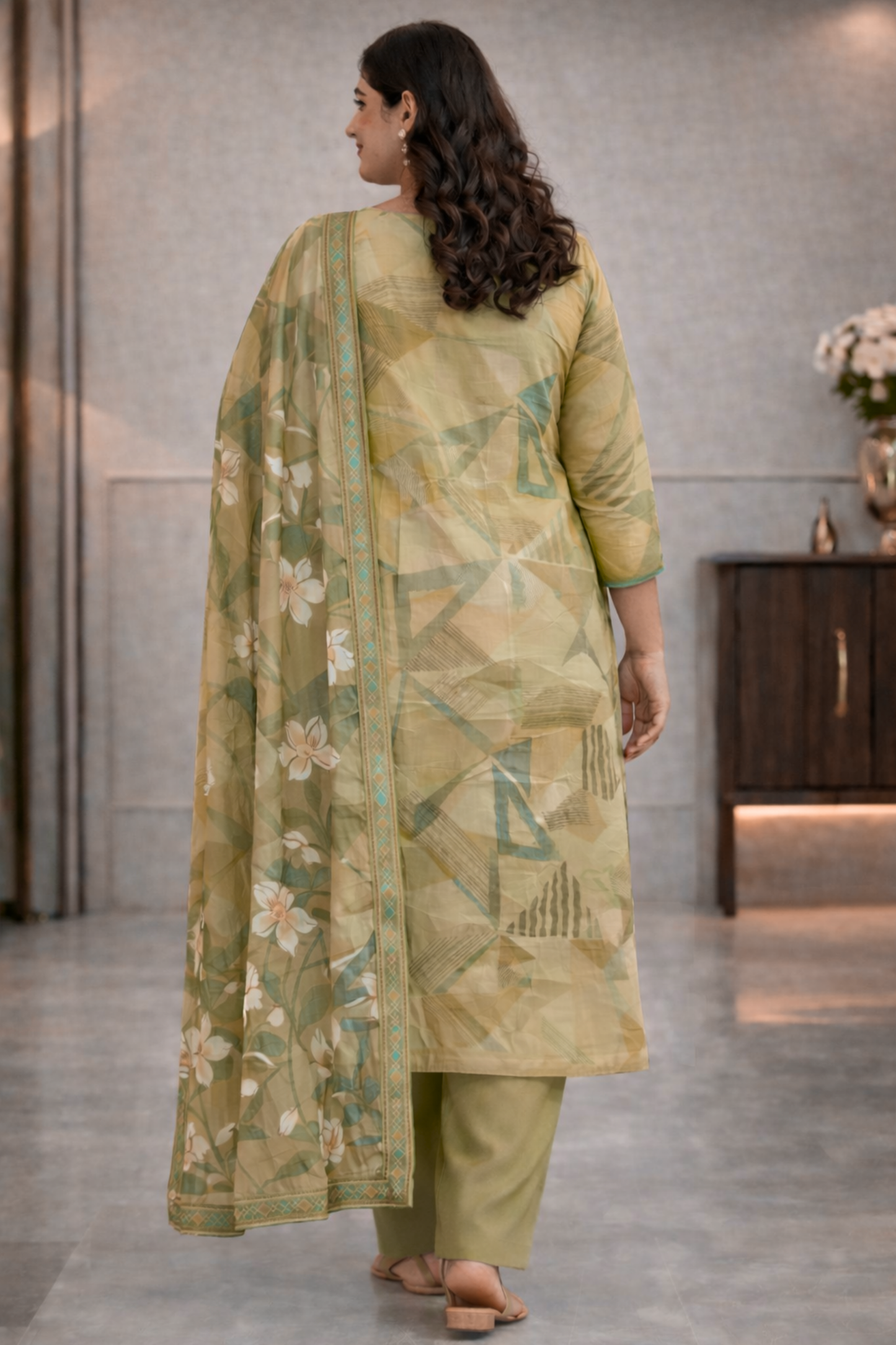 Olive Geometry Muslin Suit with Thread Work