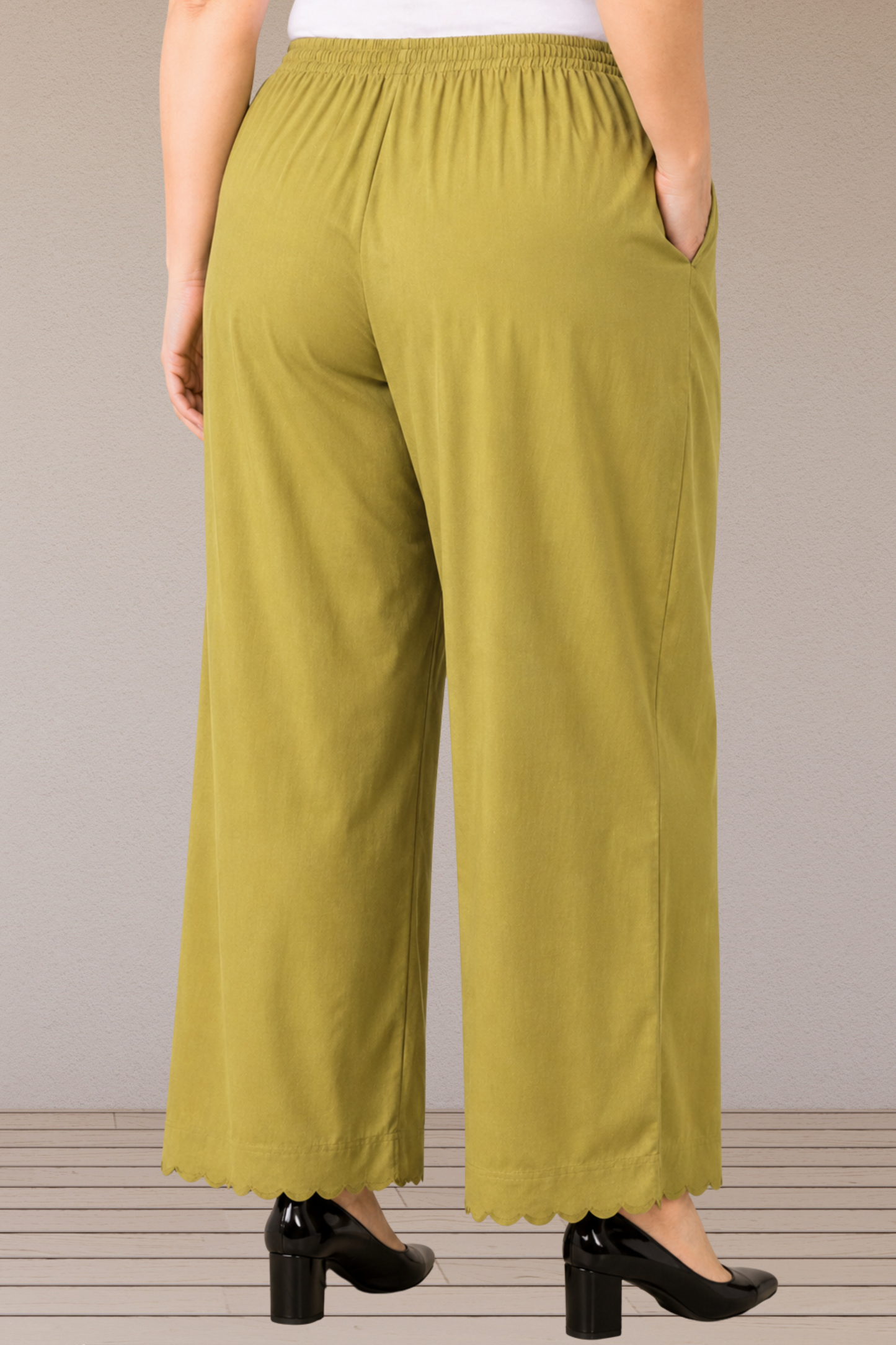 Olive Grace Scallop Cut Rayon Palazzo