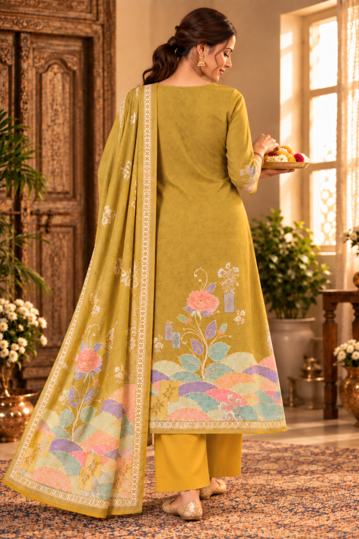 Olive Gulkand Fancy Suit With Aari Work