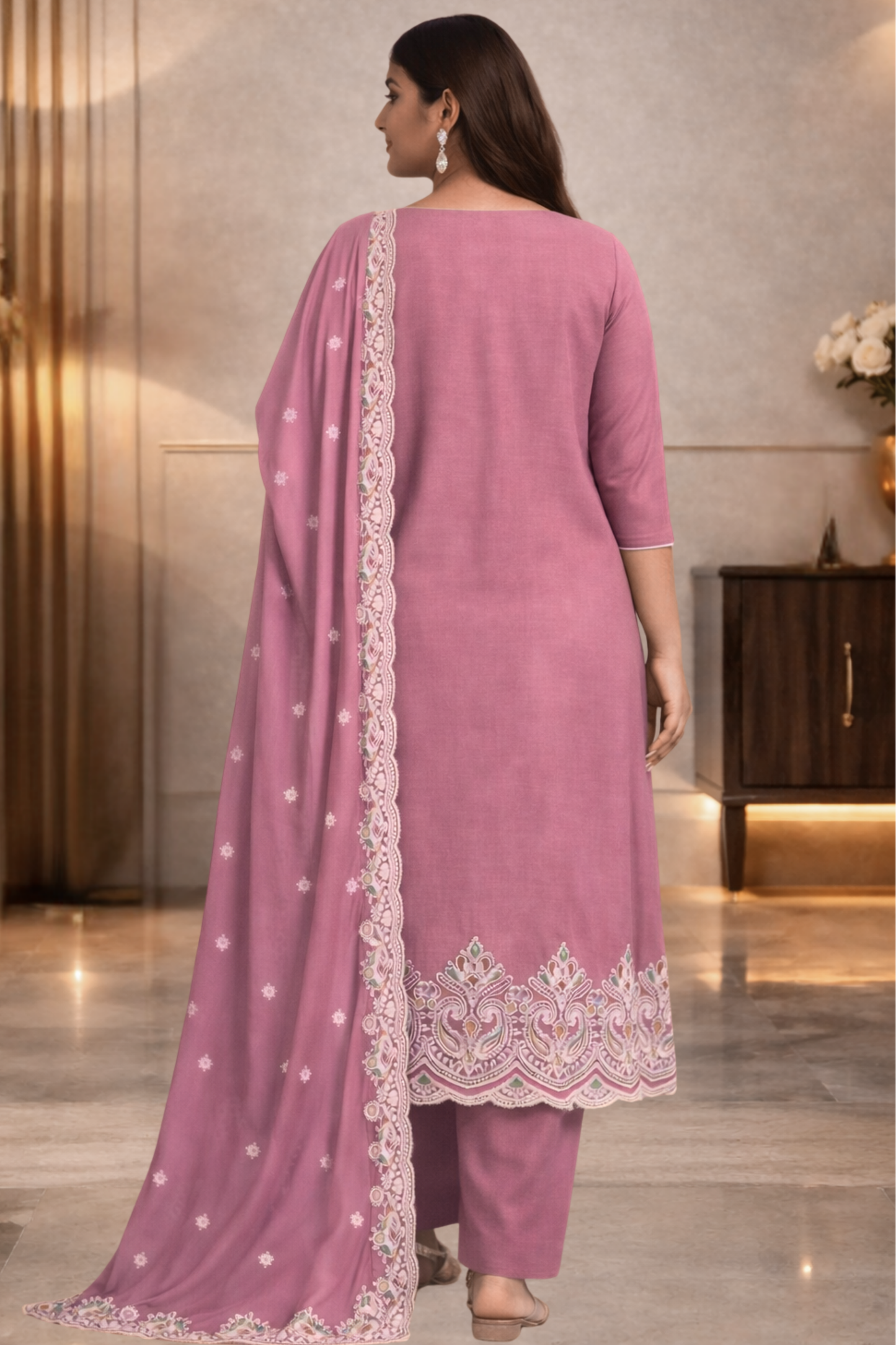 Onion Muslin Suit with Ivory Thread Work