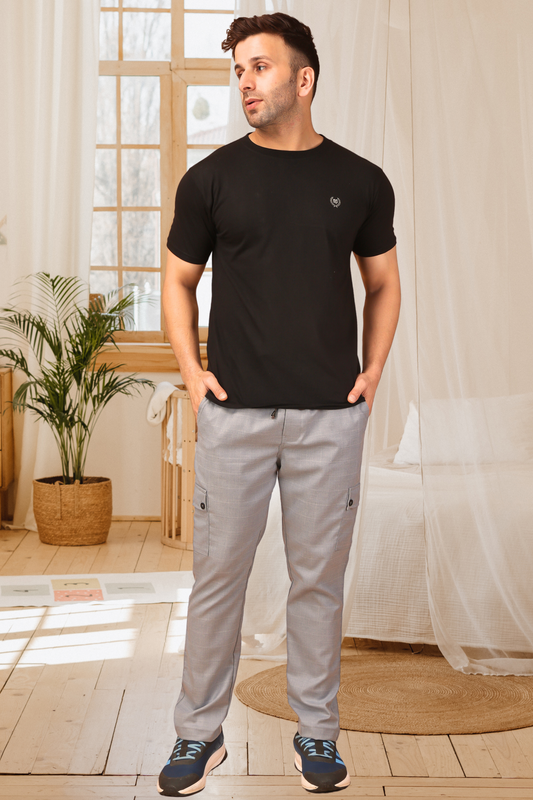 Buy Plus Size Silver Grey Checked Stretchable Cargo At Apella | Sizes XS to 10 XL | India | Free Delivery | Customized