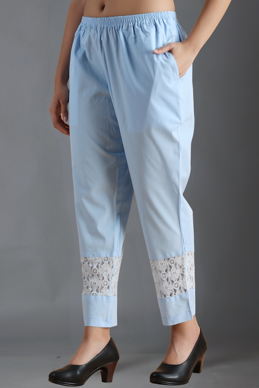 Buy Plus Size Ice Blue Detailed Cotton Palazzo At Apella | Sizes XS to 10 XL | India | Free Delivery | Customized