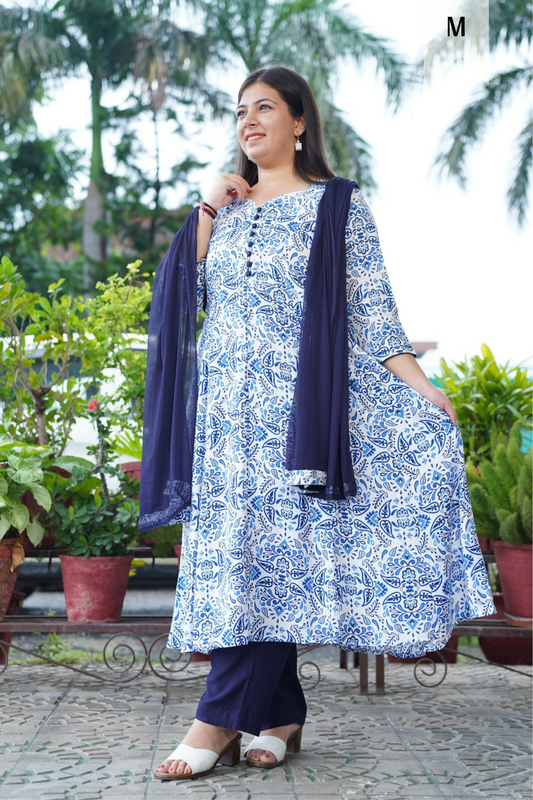 Indigo Printed Rayon Anarkali Set