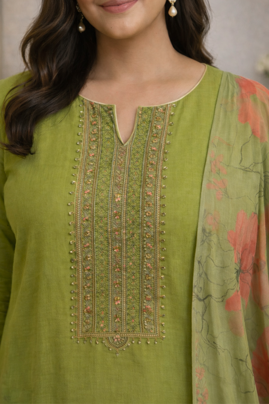 Parrot Floral Muslin Suit with Thread Work