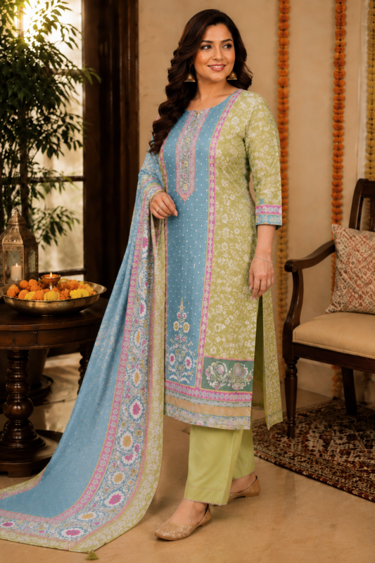 Parrot Sitara Muslin Dress Material with Aari Work