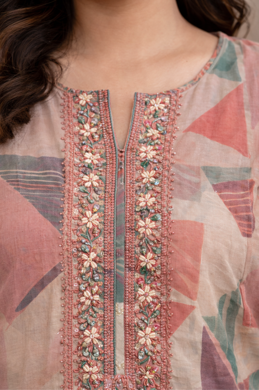 Peach Geometry Muslin Suit with Thread Work