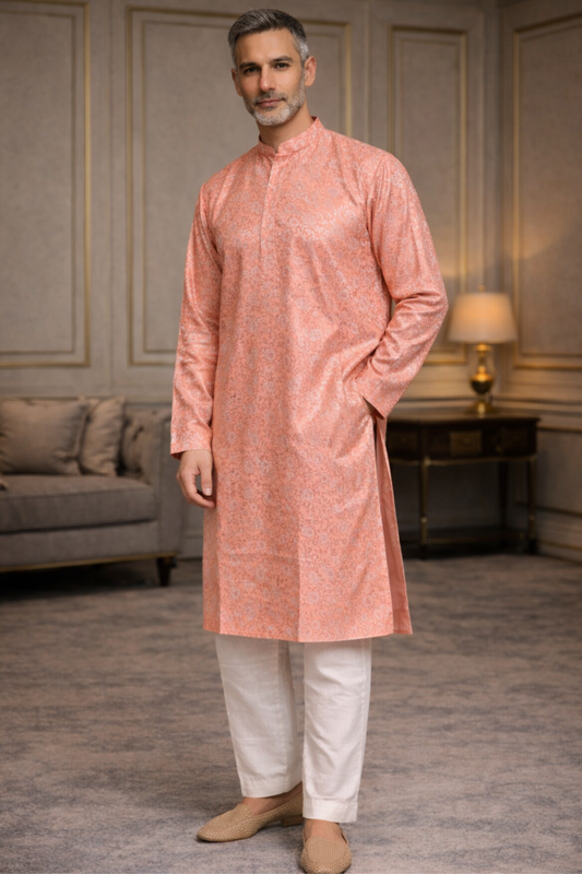 Peach Luster Brocade Kurta Pajama