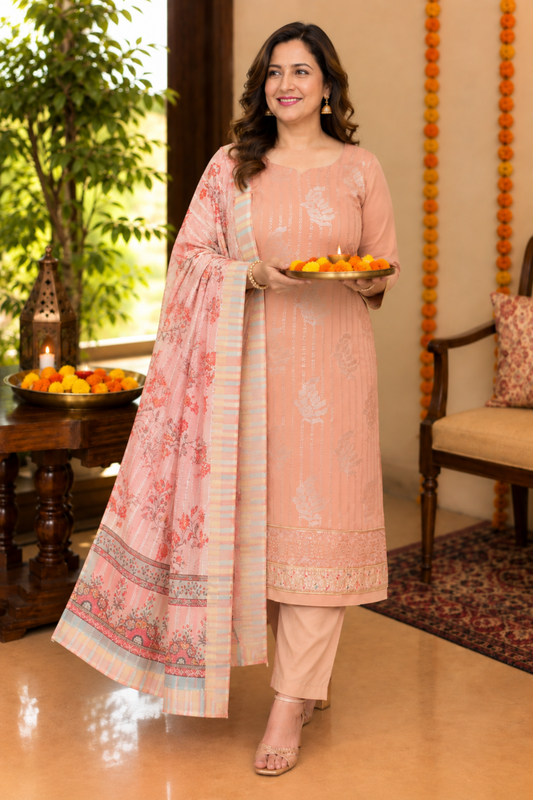 Peach Sequin Georgette Suit Set