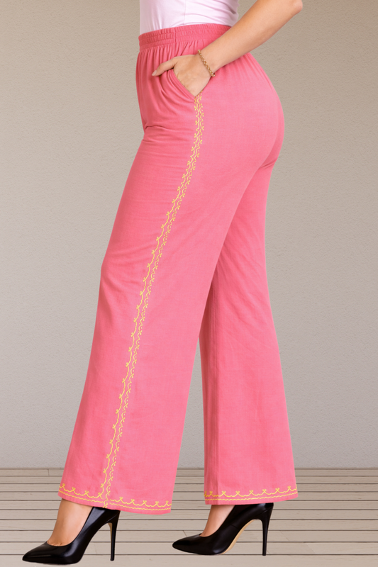 Pink Embroidered Cotton Palazzo