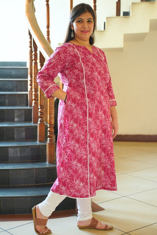 Pink Floral Cotton Kurta
