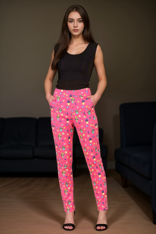 Buy Plus Size Pink Printed Lycra Pant At Apella | Sizes XS to 10 XL | India | Free Delivery | Customized