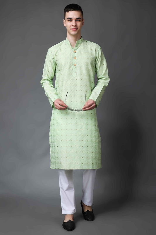 Buy Plus Size Pista Green Jacquard Kurta Pajama At Apella | Sizes XS to 10 XL | India | Free Delivery | Customized