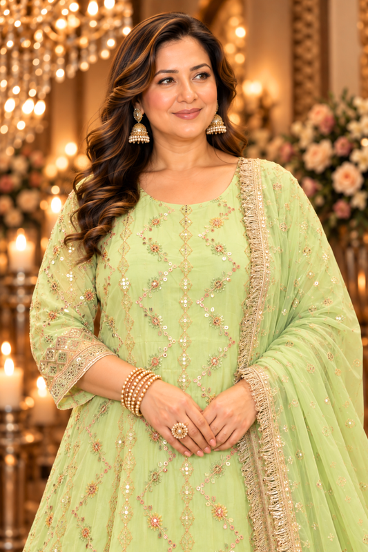 Pistachio Élan Embroidered Anarkali Dress With Dupatta