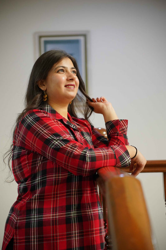 Fiery Red Checked Kurta