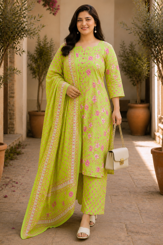 Lime Breeze Printed Cotton Suit