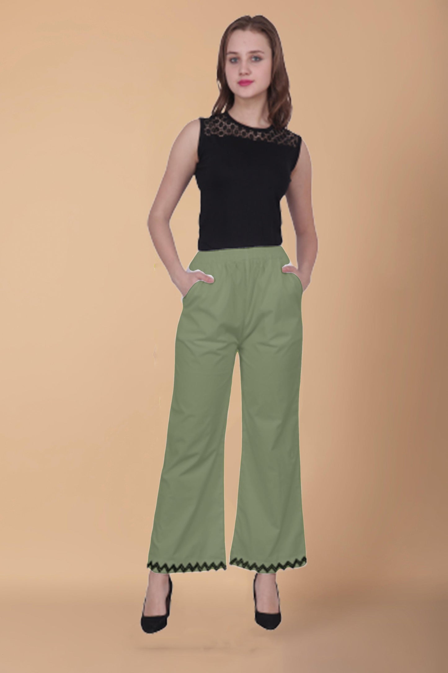 Pista Green Embellished Cotton Palazzo