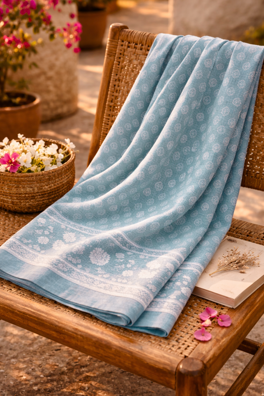 Powder Blue Floral Cotton Dupatta