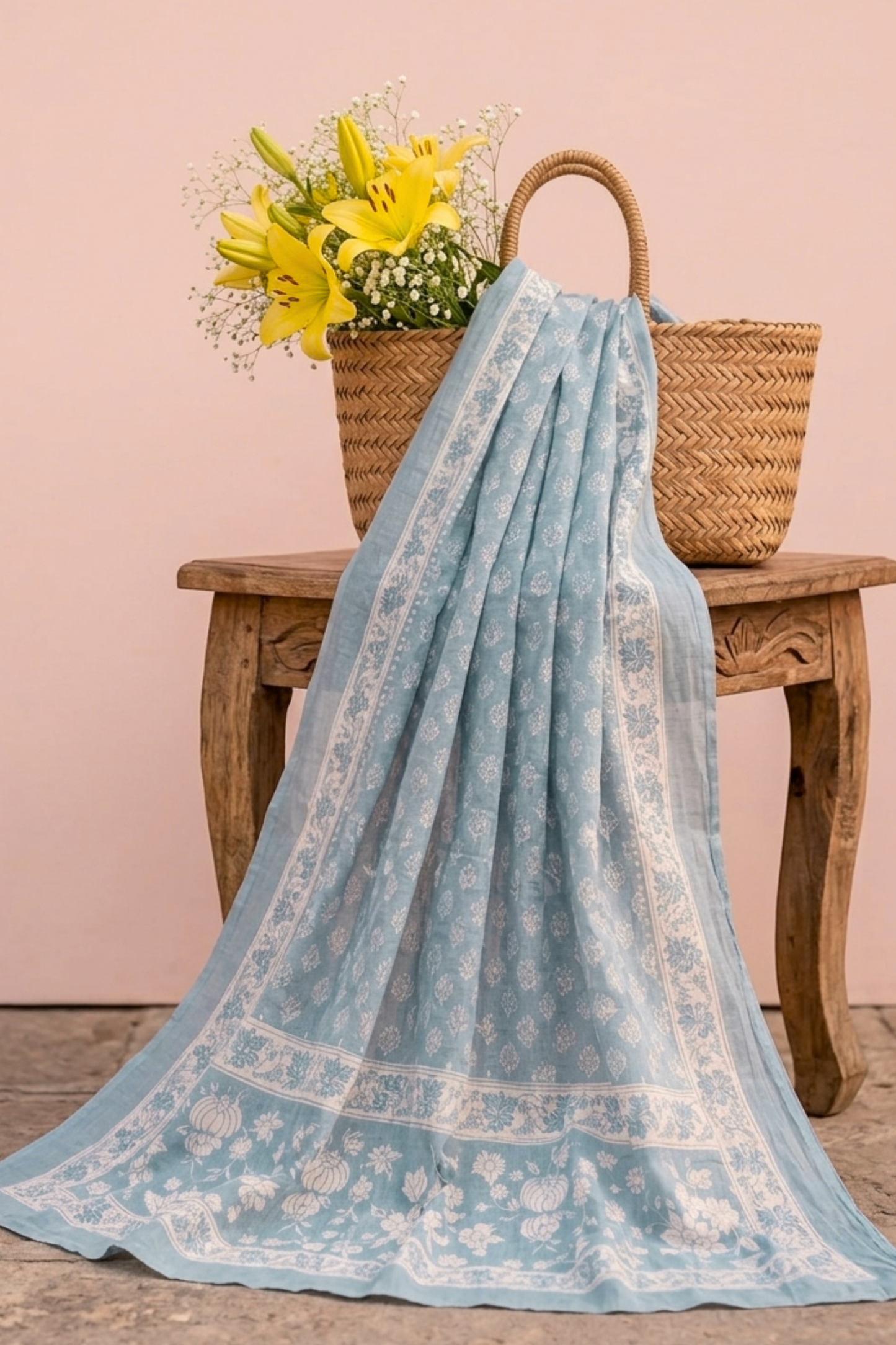Powder Blue Floral Cotton Dupatta