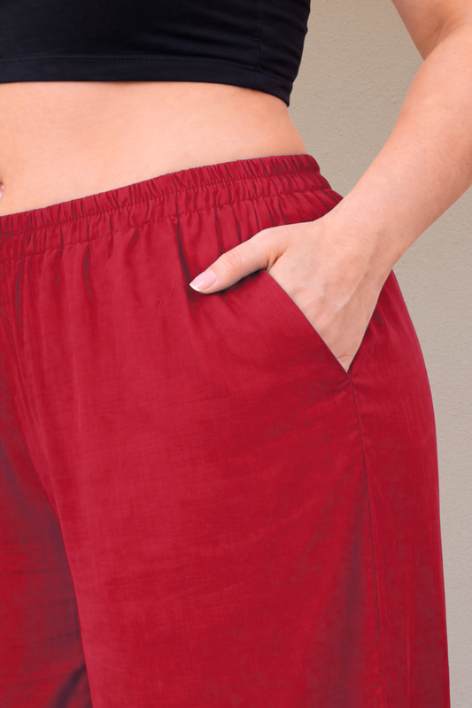 Red Detailed Hemline Rayon Palazzo