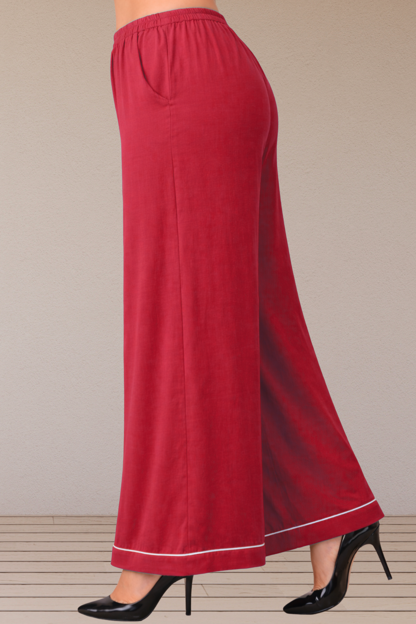 Red Detailed Hemline Rayon Palazzo