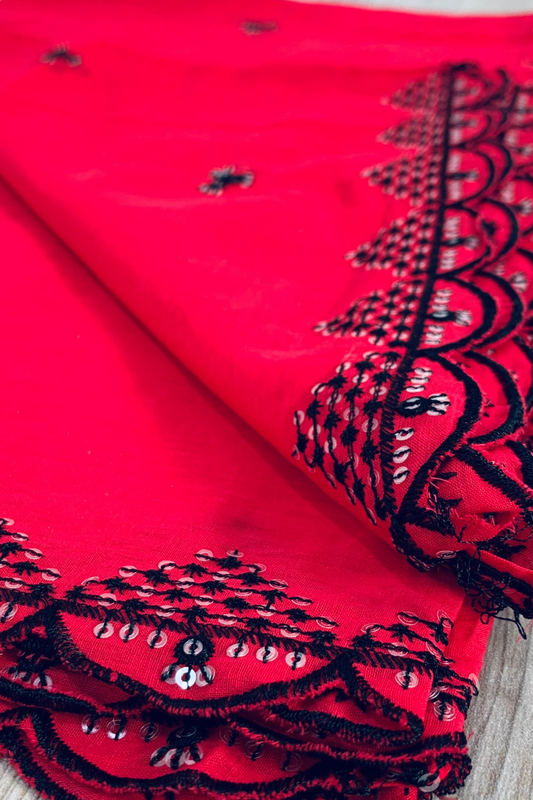 Red Embroidered Mul Cotton Dupatta