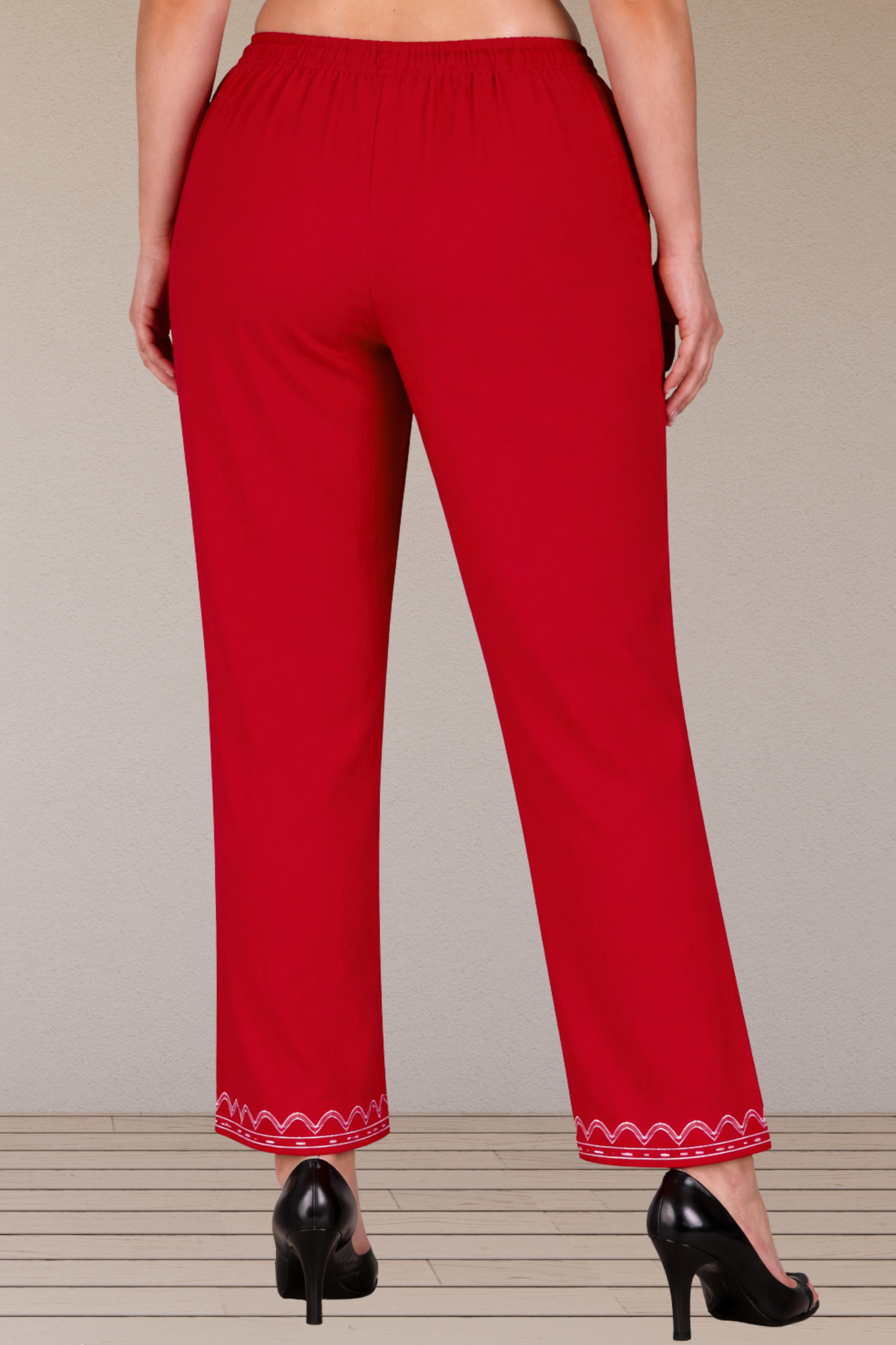 Detailed Hemline Red Cotton Palazzo