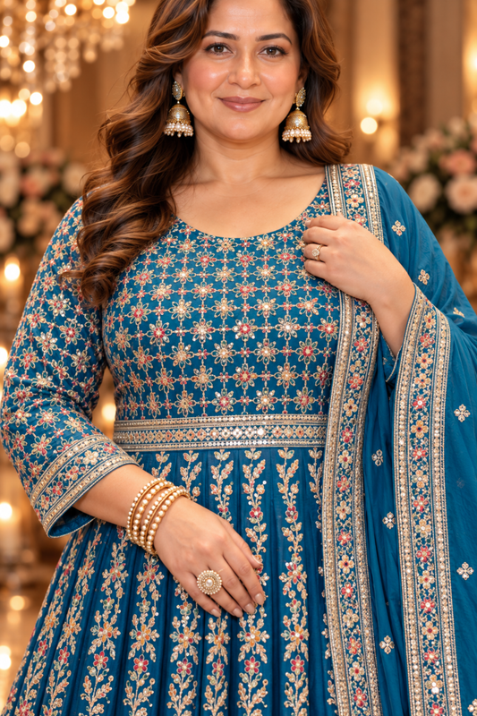 Riyana Navy Embroidered Dress With Dupatta