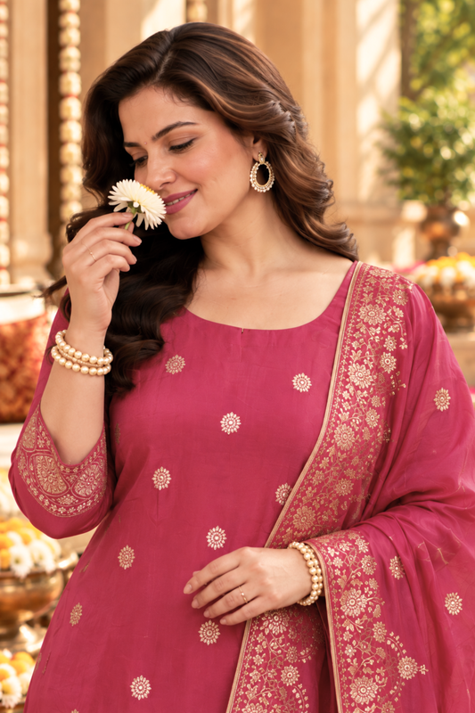 Rohini Pink Jacquard Silk Suit