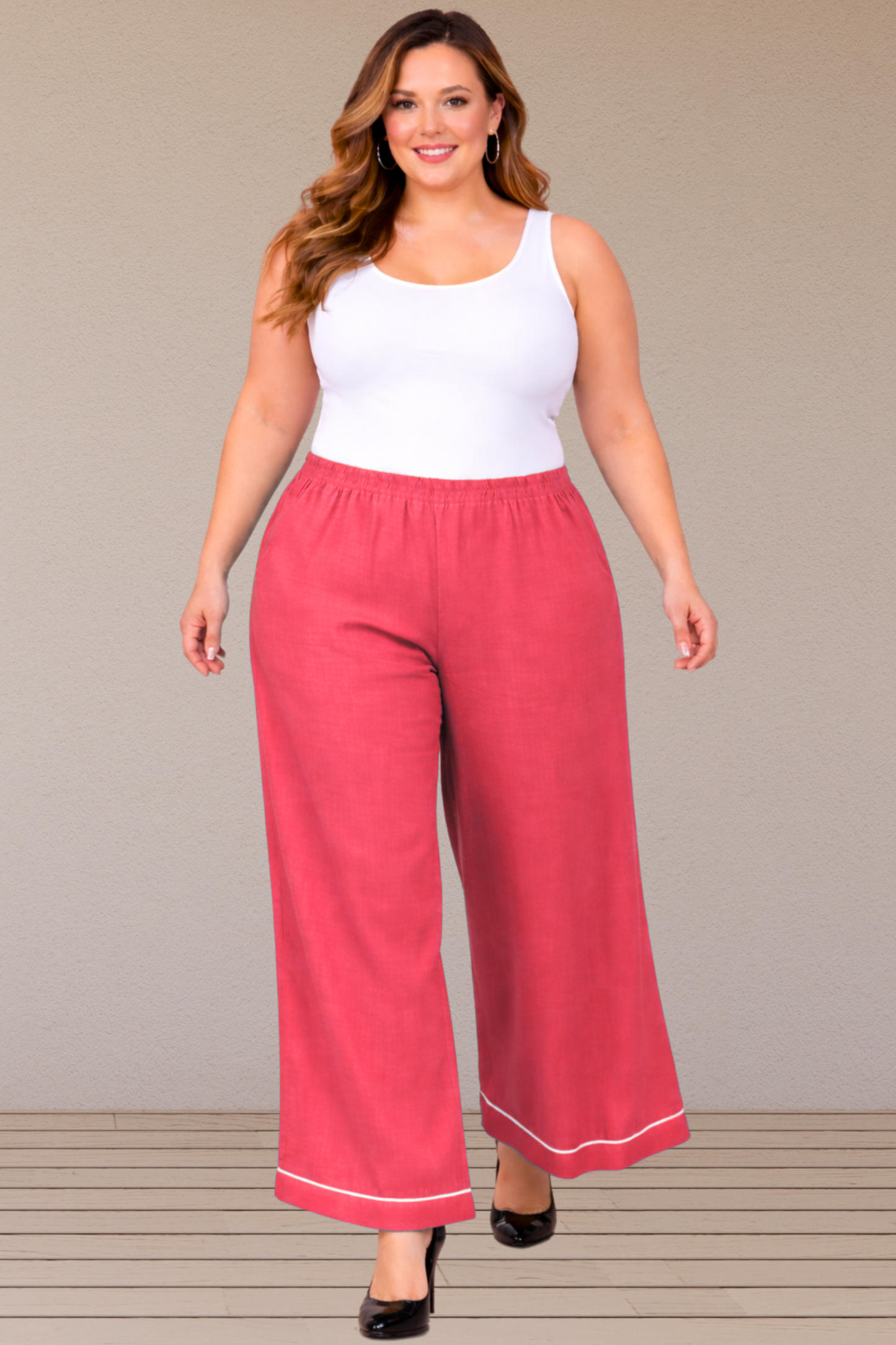 Rose Pink Detailed Hemline Rayon Palazzo