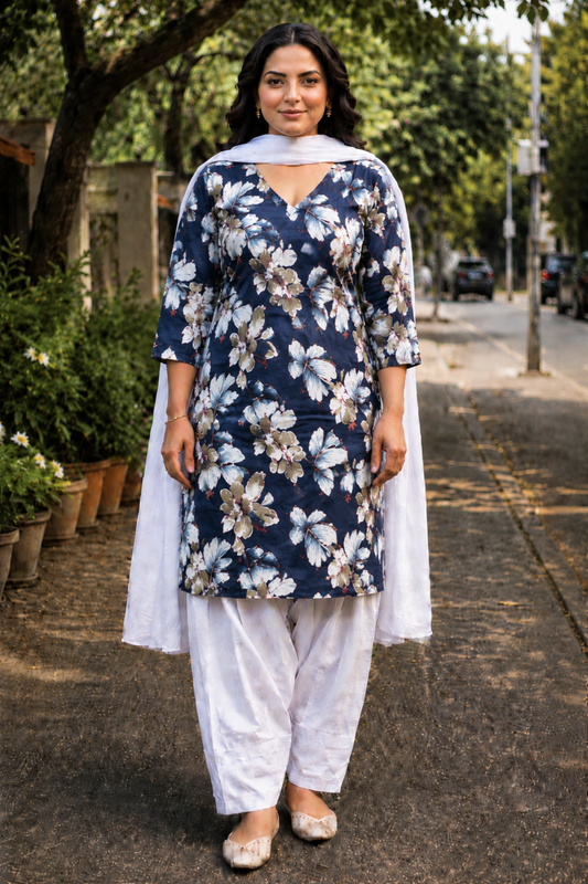 Indigo Foliage Cotton Farshi Suit