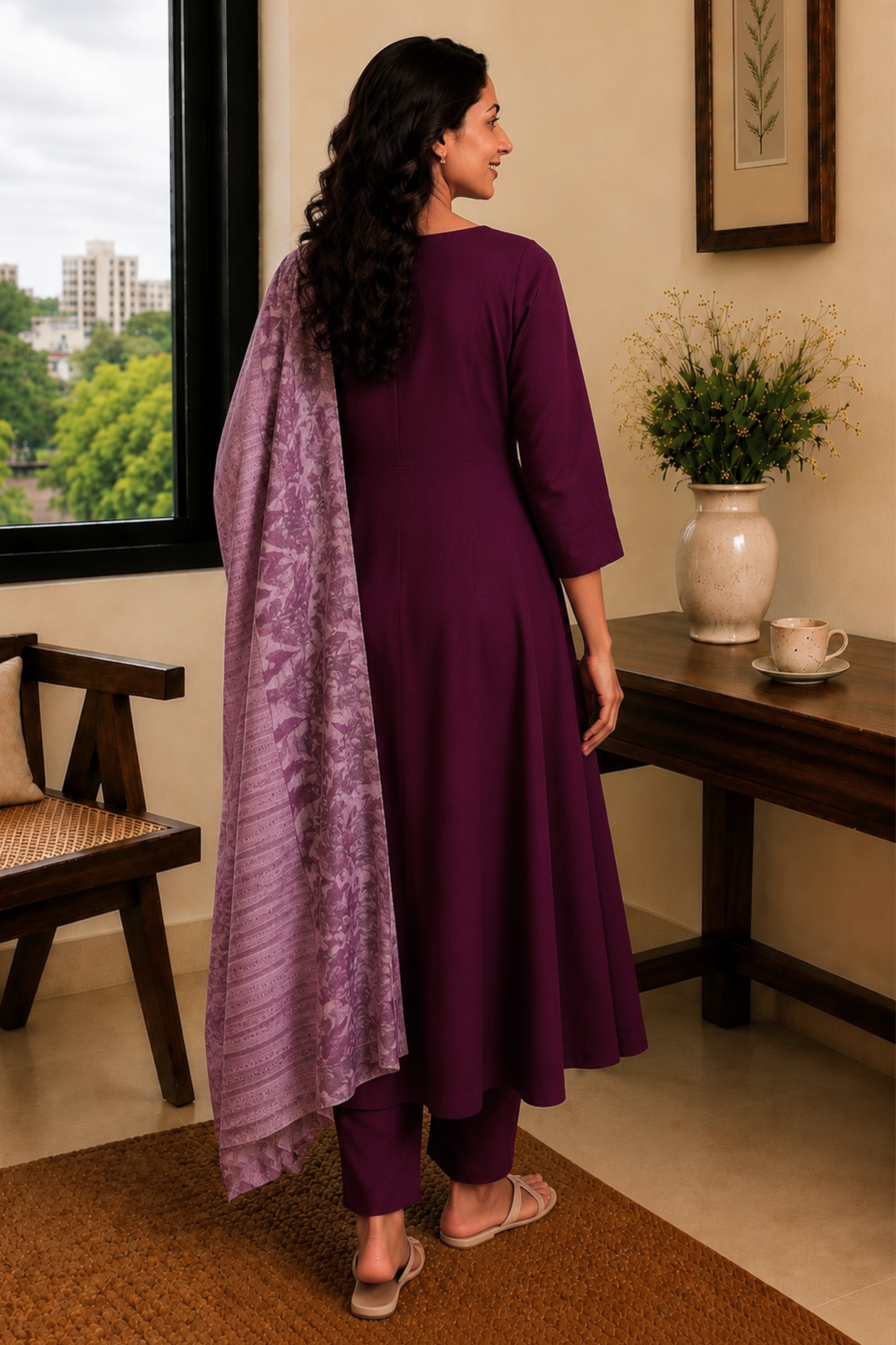 Berry Lilac Pintuck Anarkali Set