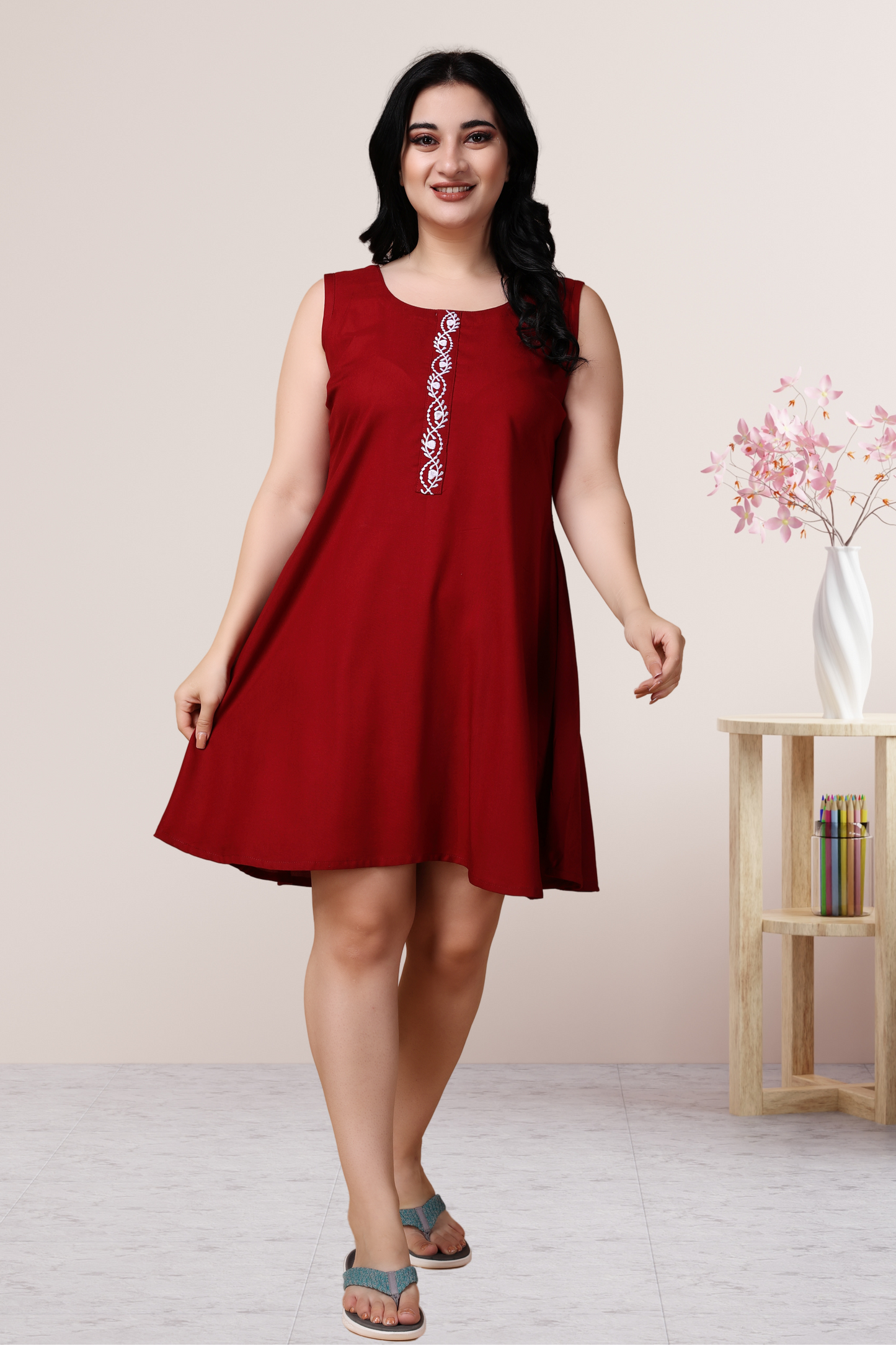 Buy Plus Size Ruby Red Detailed Short Nighty At Apella | Sizes XS to 10 XL | India | Free Delivery | Customized