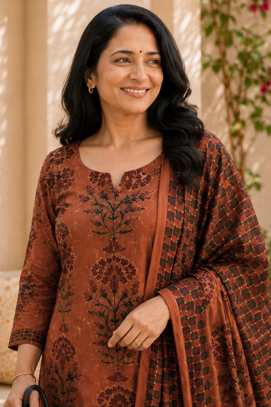 Rust Brown Bagh Cotton Suit Set