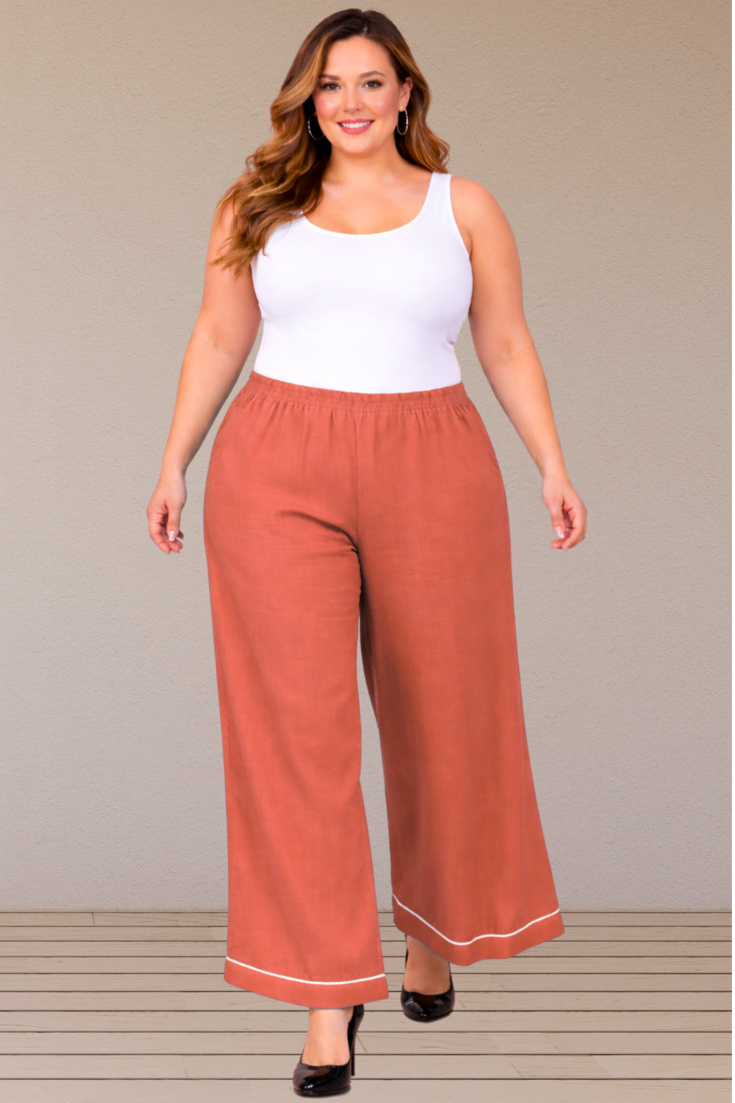 Rust Detailed Hemline Rayon Palazzo