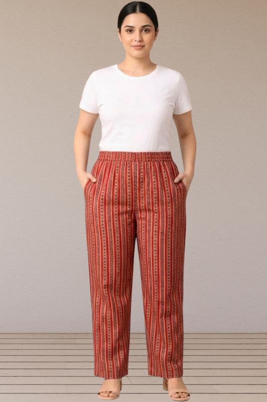 Rust Ethnic Stripe Printed Cotton Pant