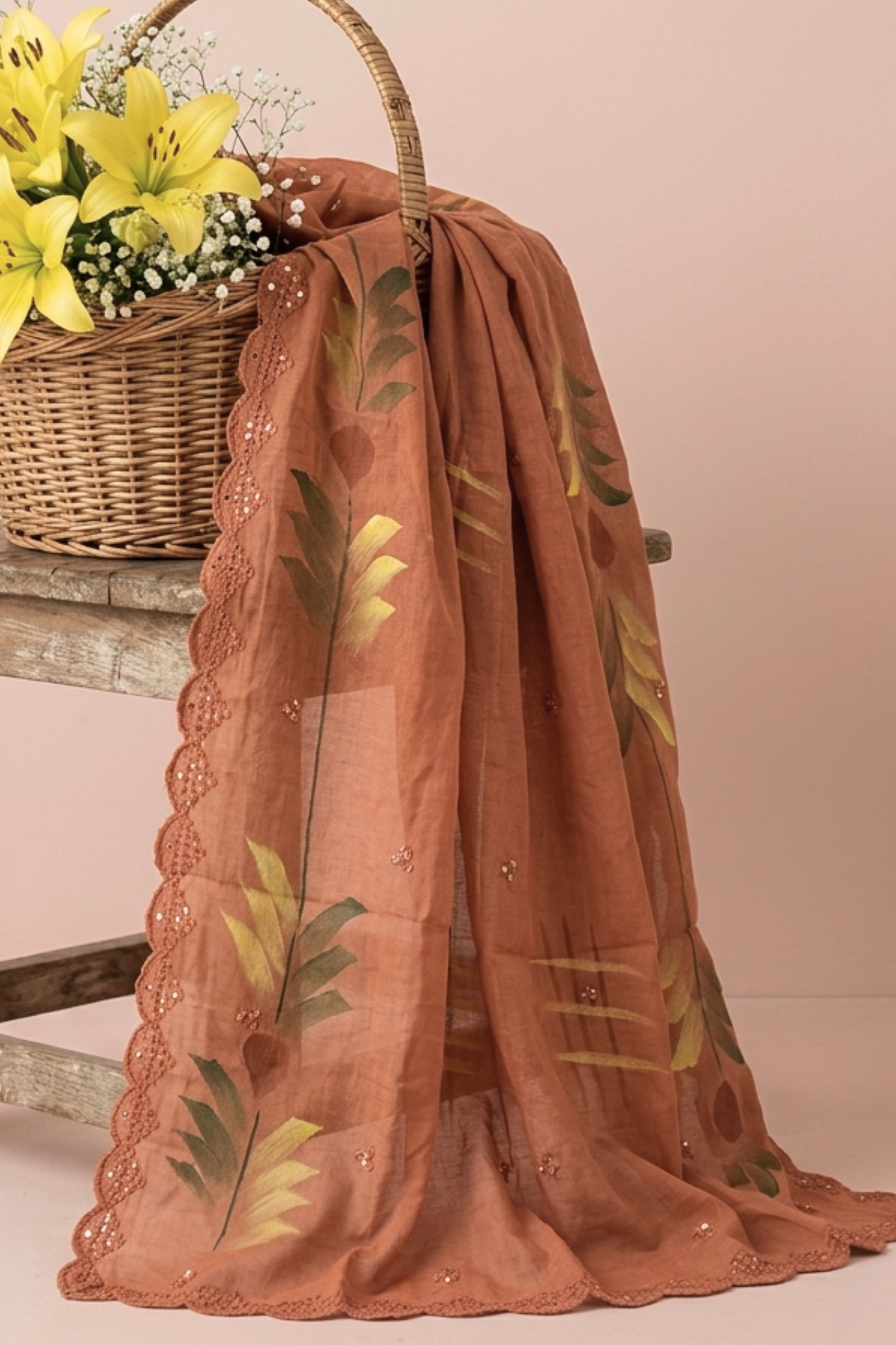 Rust Hand Painted Mul Cotton Dupatta