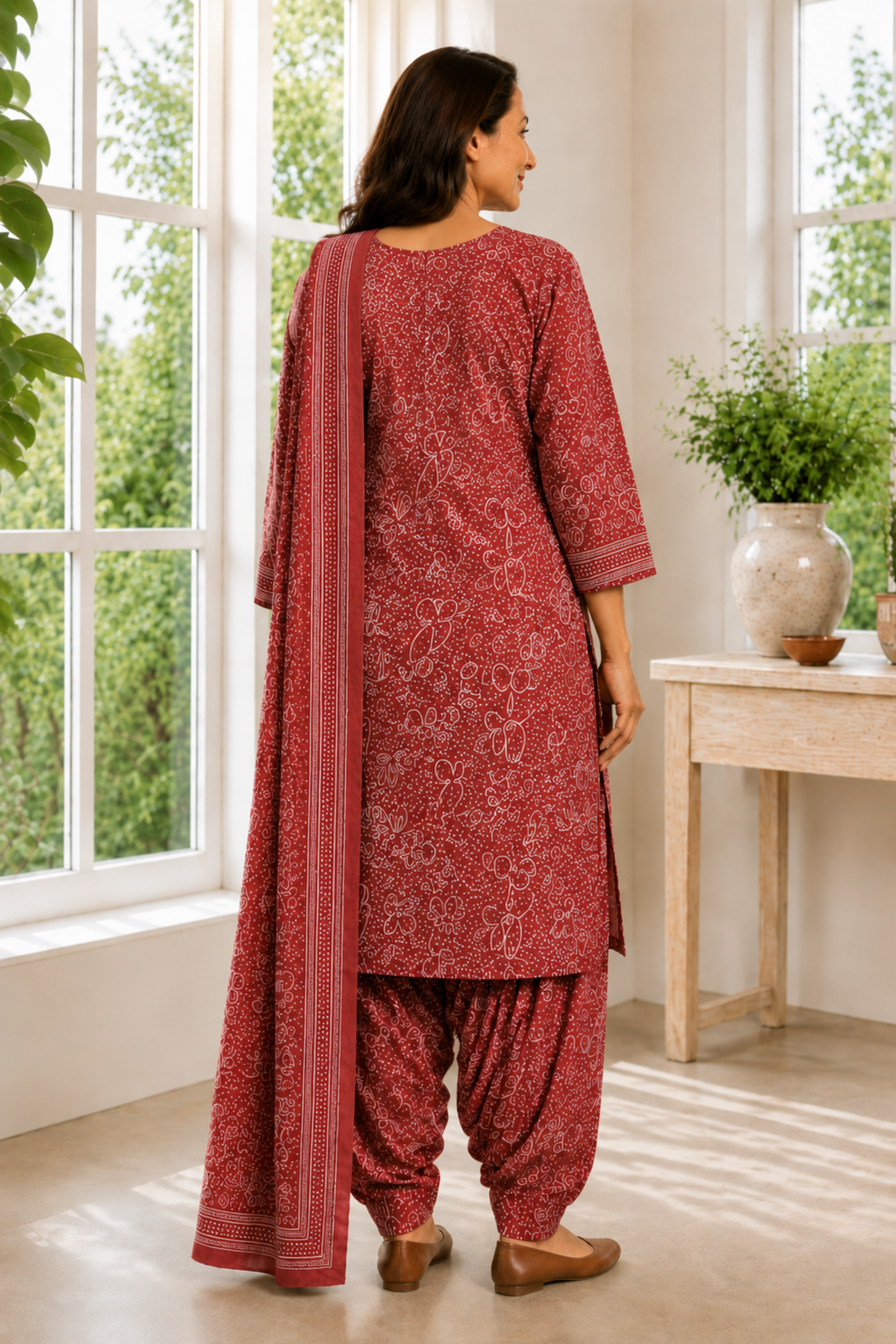 Rust Camellia Foiled Cotton Kurta With Salwar